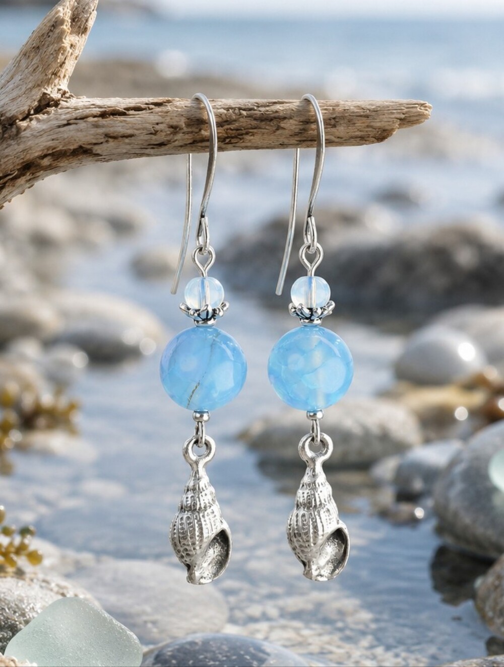 Blue Agate Shell Earrings Coastal Artisan Dangles Ocean Inspired Hand Crafted